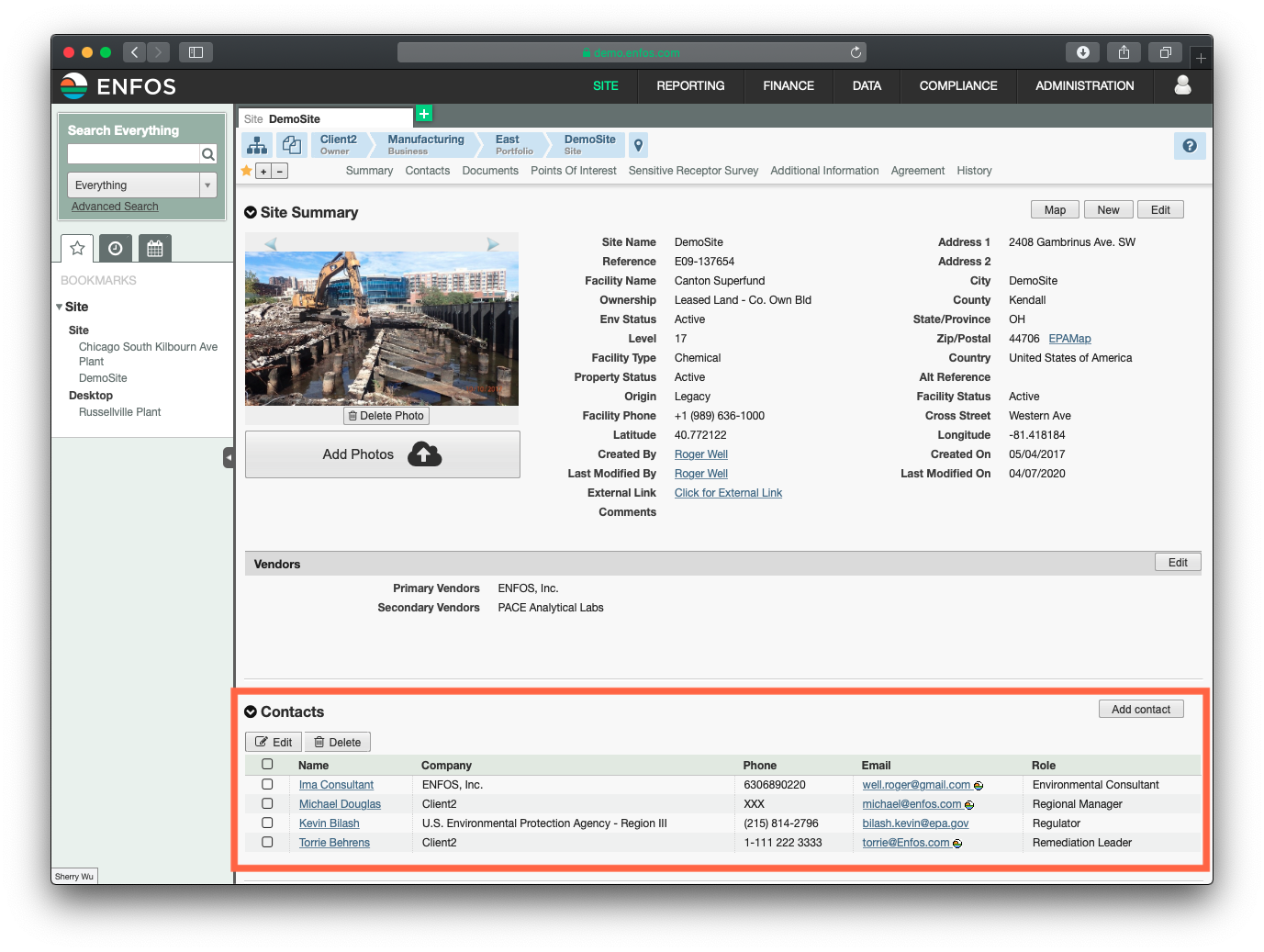 Environmental Portfolio Management Tool: ENFOS - Site view